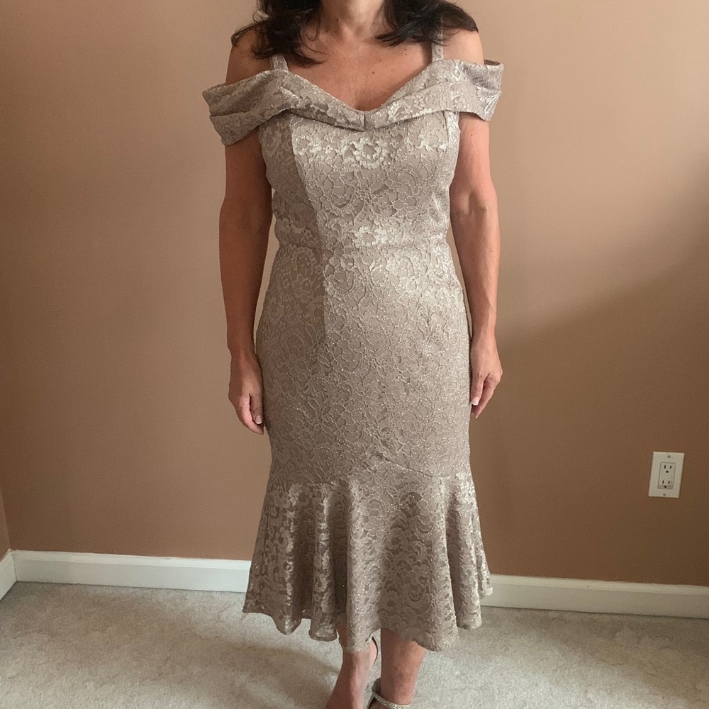 R & M Richards Off the Shoulder Lace Dress, Size 6, Champagne